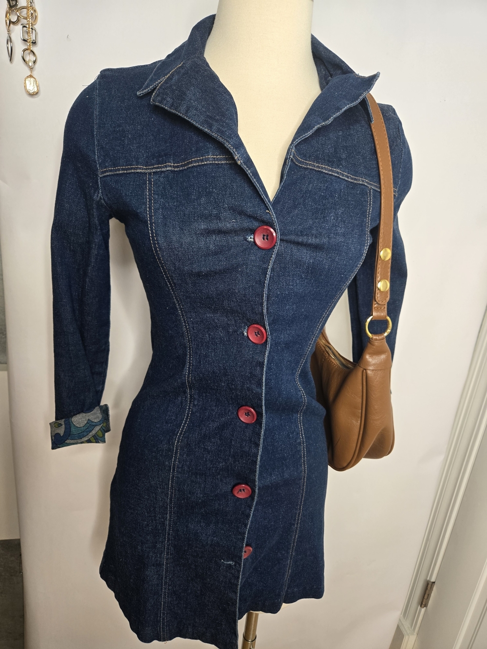 Fitted Dark Blue Denim  Jacket with Red Buttons - Unbranded
